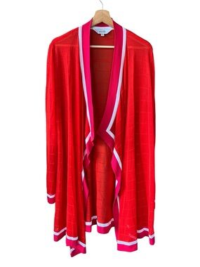 Misook 2X Red Knit Open-Front Cardigan Long Line with White/Pink Trim